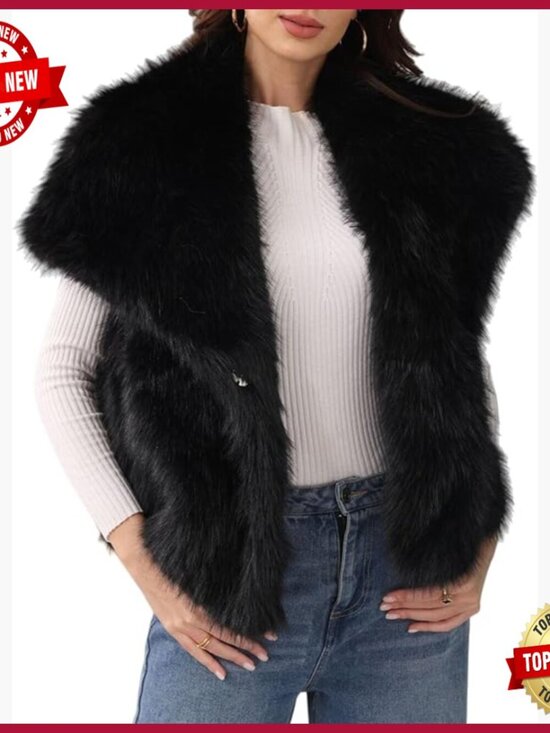 Jackets & Blazers - Faux Fur Vest Sleeveless Fuzzy Jacket Shaggy Winter Coat with Pockets